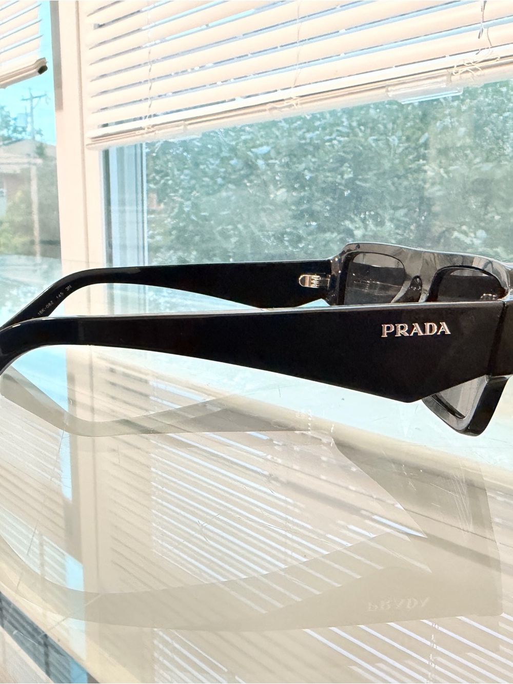 Prada SPR A05 Glossy Black Logo-Embellished Rectangular Sunglasses